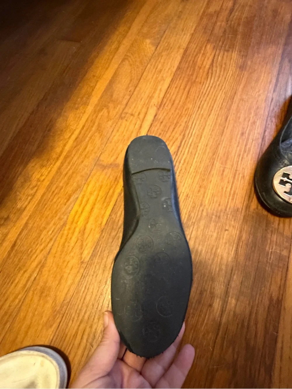 Tory Burch Reva Ballet Flats — Black Leather, Gold Logo — Size 7.5